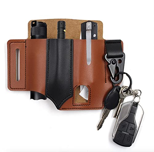 TUFF LUV [Compatible With Leatherman, Victorinox, Gerber Multitools] Leather EDC/Flashlight Sheath/Holder/Belt Organizer, with Keyring - Brown