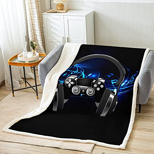 Loussiesd Kopfhörer Gamepad Kuscheldecke Note Melodie Musik Decke 150x200cm Flanell Fleecedecke Kinder Jungs Jugendliche Videospiel Gamepad Wohndecke Spiel Regler Schwarz