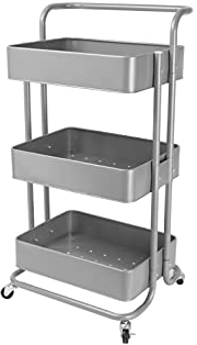Echtwerk mobiler Servierwagen für Küche/ Bad/ Büro mit 3 Ebenen, Küchenrollwagen, Küchenwagen, Werkzeugwagen, Bastelwagen, Allzweckwagen mit Schiebegriff, Silber-Edition, 43 x 32 x 86 cm