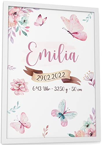 Papierschmiede® Geburtsposter, Name & Geburtsdaten personalisiert, DIN A4 (21x30 cm), Geburtsposter, Geburtsanzeige, Baby Geschenk Bild Geburt - ohne Rahmen - Schmetterlinge Rosa Mädchen