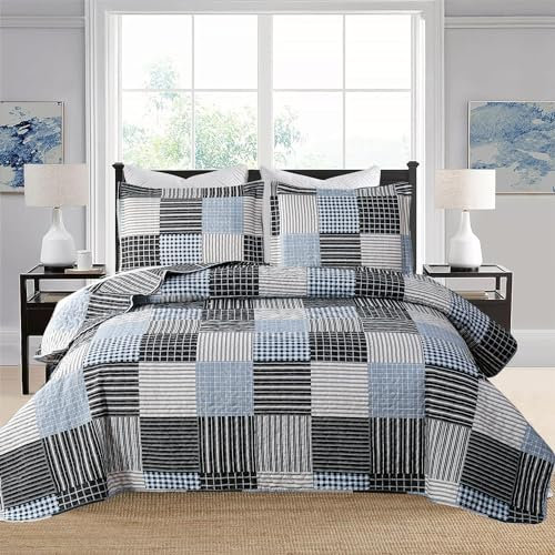 Hailea Plaid Patchwork Quilt Set Vintage Stil Blau Flickendecke Schwarz Blau Büffel Karo Bettwäsche Gingham Gitter Tagesdecke Decke (Queen Size)