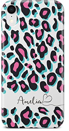 iCaseDesigner Personalised Name with Heart Animal Print Phone Case Compatible with iPhone XS Max. 13. Funky Pink Turquoise Leopard