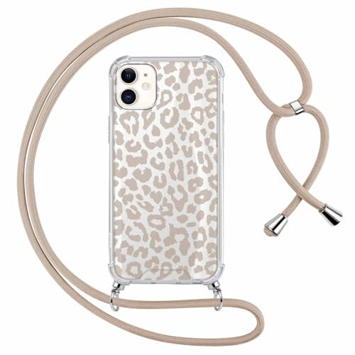 ZhuoFan Coque pour iPhone 14 Plus avec Cordon de Collier,Cadre Transparent en Silicone Souple PC Dur Léopard Motif Housse avec Réglable Kaki 63in Cordon Portable Lanyard Case