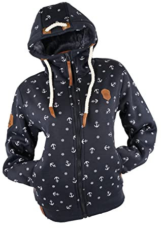 VIN TE Damen Sweat Jacke Hoodie Kapuze dick gefüttert Teddyfell Futter UNI oder mit Anker Muster M - 3XL (as3, alpha, x_l, regular, regular, Blau-21018, XL)