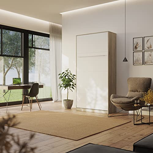 Schrankbett Standard 90x200 Vertikal Eiche Sonoma/Weiß ausklappbares Wandbett, ideal geeignet als Wandklappbett fürs Gästezimmer, Büro, Wohnzimmer, Schlafzimmer