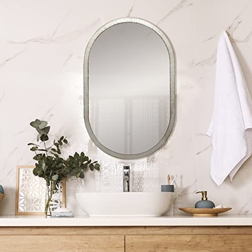Espejo Ovalado de Pared Fabricado en España - Moldura 2.5 cm - Acabado Artesanal - Espejo Decorativo Ideal para Salón, Recibidor,Dormitorio y Baño... (plata envejecida, 45x70 cm)
