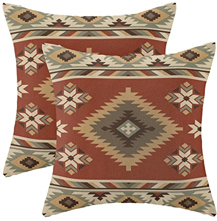 Boho Azteken-Kissenbezüge, 40,6 x 40,6 cm, 2er-Set, Western Native American Red Brown Turquoise Geometrie Dekor Wurfkissen Südwestern Outdoor dekorative Kissenbezüge für Couch Bett Dekorationen