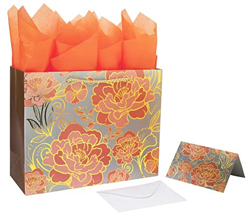 13 Large Rose Gold Gift Bag Set with Greeting Card and Orange Tissue Paper for celebrating birthdays,Mother's Day,Christmas,weddings,anniversaries,and more-13x10.1x5.2,1 Pcs.