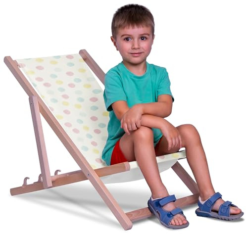 DreamRoots Kinder Liegestuhl Holz Gr. S, Pastel Spots | Klappbarer Campingstuhl faltbar, für Garten & Strand, bis 130 kg, waschbarer Bezug, 100% Polyester, UV-beständig, Kinderliege