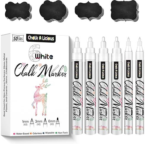 Chalk A licious 6x White Chalk Pens for Blackboards with 50 Black Labels - Liquid Chalk Markers - 2x(1mm,3mm,6mm) - Reversible Tips Bullet & Chisel