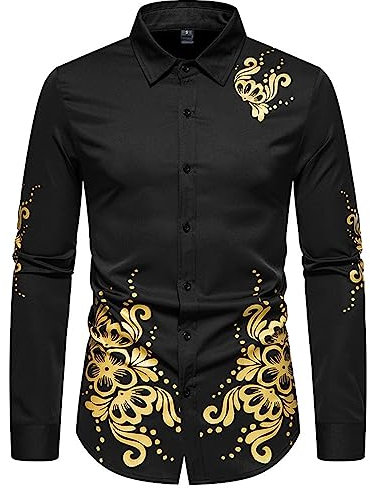 seiveini Chemise Homme Manches Longues Slim Fit Imprimé à Style du Moyen Orient Blouse Chemiser Business Mariage Fêtes D Noir S
