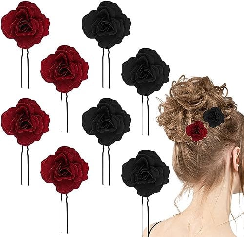 8 PCS Black Rose Flower Hair Clips U Shape Floral Bobby Pins,Vintage Rose Hair Accessories for Women Girls Party Beach Wedding