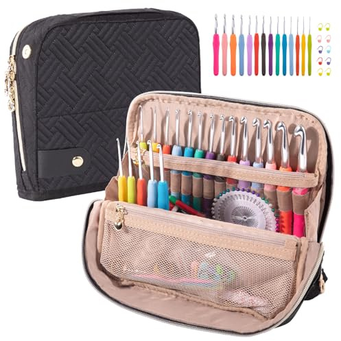 MYBAGZING Häkelnadeletui mit 14 Häkelnadeln, Set 2 mm (B) - 10 mm (N), ergonomische Häkelnadeln mit Häkelkoffer zum Aufstellen – Häkelnadel zum Organisieren für Häkelliebhaber, Häkelset für Anfänger