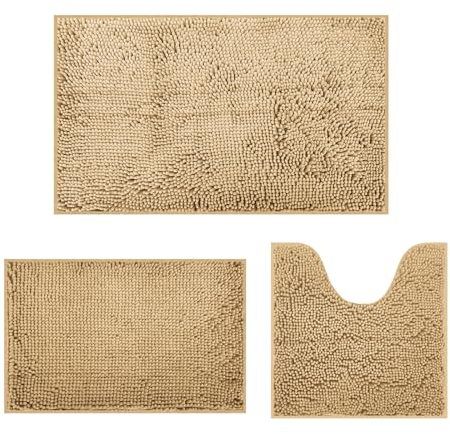 DTXDTech Lot de 3 Tapis de Salle de Bain antidérapants en Chenille 50 x 80 cm, 40 x 61 cm et Tapis de Toilette en Forme de U de 50,8 x 50,8 cm, Doux et Absorbant pour Salle de Bain (Couleur Poils de