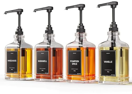 GREYMOUNT ® Lot de 4 distributeurs de sirop - 500 ml - En verre - Avec pompes doseuses - Noir - Pour café, cocktails et plus encore - Avec 48 étiquettes et entonnoir