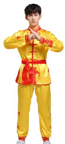 BK FASO Completo da Kung Fu da uomo, per arti marziali cinesi, con camicia e pantaloni, costume tradizionale Tang, Giallo, X-Large