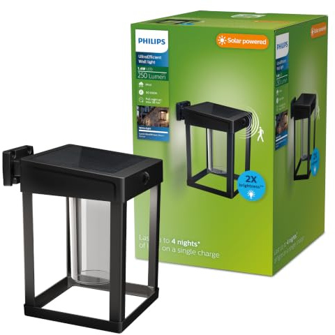 PHILIPS Outdoor Ultra-Efficient Solar Camill Wandleuchte 1,4W, Dual-Bright Sensor, eckig, klar, 3000 Kelvin, IP44 wetterfest, schwarz
