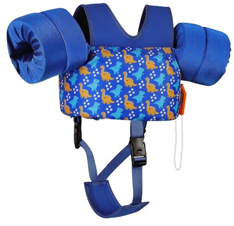 MoKo Kinder Schwimmflügel, Cartoon Schwimmweste mit Schultergurt Schwimmtraining Jacke Schwimmende Badeanzug Schwimm Zubehör mit Doppel Sicherheitsschnalle für Jungen Mädchen, Blaue Dinaosaurier Druck