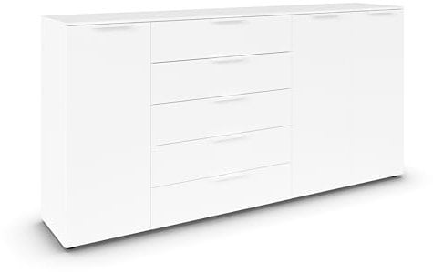 Rauch Möbel Flipp, Kombikommode, Kommode mit Stauraum für Wohnzimmer, Schlafzimmer, Flur, 4 Fachböden, Alpinweiß, 3-türig, 5 Schubkästen, Griffe weiß, 199x100x42cm