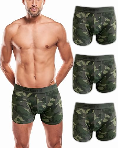 USA Griffin Boxershorts Herren Unterhosen Männer Unterwäsche Men Shorts Pants Baumwolle Underwear Bottoms Boxers 3er Pack (DE/NL/SE/PL, Alphanumerisch, M, Regular, Regular, Camouflage Olive)