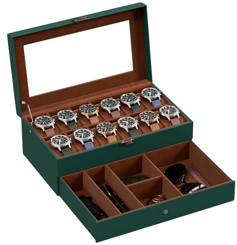 ProCase Uhrenbox mit 12 Fächern, Uhrenkasten mit Glasdeckel, 2 Ebenen, Uhrenkoffer mit herausnehmbaren Uhrenkissen Uhrenschatulle für Schmuck, Ringe, Armbänder und Halsketten -Grün