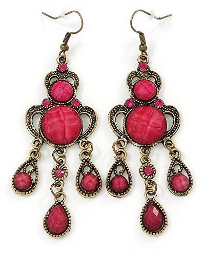 Pendientes de araña de cuentas acrílicas rosa/fucsia en tono dorado envejecido, 80 mm de largo, talla única, Plástico, Diamante.