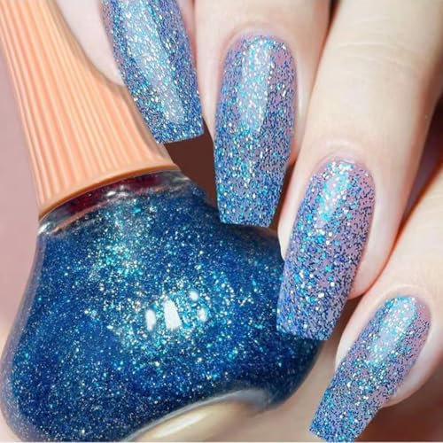 Glitter Nail Polish, Glitter Quick Dry Nail Varnish, Long Lasting Blue Glitter Nail Polish for Women & Girls, Nail Polish nail glitter No Need Cure Nail Paint for DIY Nail Art (Blue 15#)