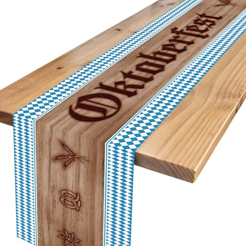 BETESSIN Tischläufer Oktoberfest 183x33cm - Bayrische Tischdecke mit Bayernraute Muster und Holzoptik - Tischdekoration für Oktoberfest, Bierfest, Gartenparty UVM.