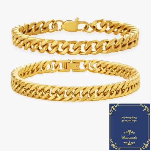 XIANNVXI 19cm Gold Edelstahl Armband für Herren - Kubanische Schmuck Set - Geschenke für Männer Papa, 8mm (2 Stück)