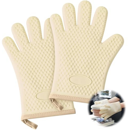 Lot de 2 gants de cuisine en silicone épais en coton résistant à la chaleur avec doigts, imperméables et antidérapants pour barbecue, cuisine, cuisine (blanc ivoire)