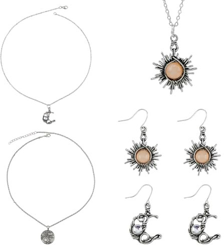 SUPERFINDINGS 4Pcs Asymmetrical Antiqued Silver Celestial Jewelry Set Boho Opal Sun and Moon Drop Dangle Earrings Tree of Life Family Necklaces Beautiful Planet Earrings for Woman Daughters