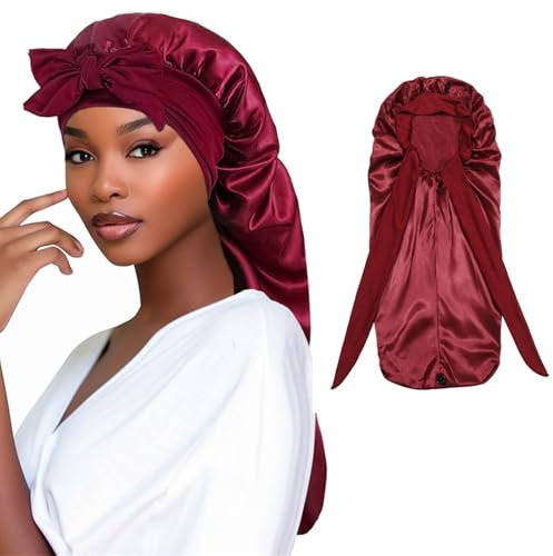 Satin Haarhaube Extra Lange Seiden Schlafhauben für Damen Verstellbar Satin Schlafmütze mit Elastisches Band Seiden Haarhaube zum Schlafen Haarhaube für Langes Lockiges Haar Zopf (Rot, 1Pcs)