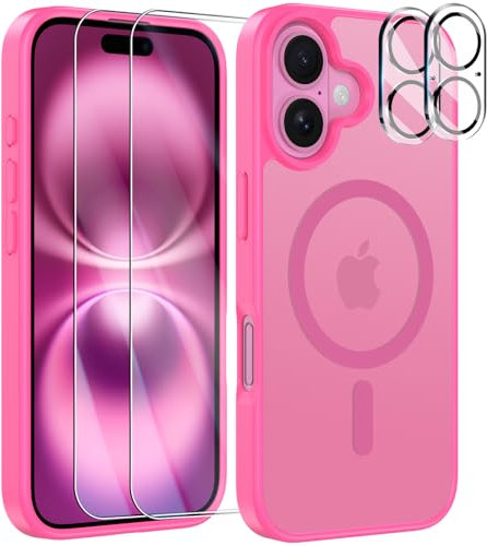 YisrLery Funda Magnética Compatible con iPhone 16, Carcasa Compatible con MagSafe con 2 Protector Kamera y 2 Protector Pantalla, Militar PC TPU Antideslizante Anti-Choques Caso, Rojo Rosa