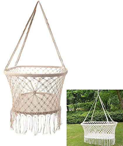 Makramee-Hängeschaukel für Säugling bis Kleinkind, in Beige und Weiß, Baumwoll-Seil, Sitz für Terrasse oder Kinderzimmer
