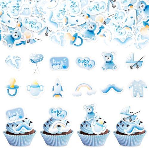 GoldRock Tortendeko Essbar Babyparty Deko Junge Blau, 48 Stk Cake Topper Baby Boy,Essbare Tortendeko Baby,Its a Boy Deko Torte,Oh Baby Cake Topper Muffin Deko für Baby Shower,Taufe,Gender Reveal Party