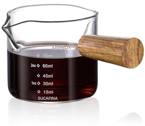 Amexo Espresso Measuring Cup with Wood Handle 75ml, Double Spout Glass Espresso Coffee Cup with Dual Scale, Triple Pitcher Milk Cup, Clear Glass Espresso Accessories for Home, Office and Café