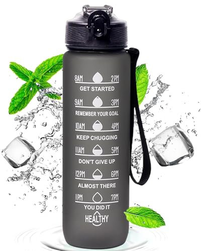 Sports Water Bottle 1 L with Straw,Motivational Drinks Bottle with Time Markings , 30oz Leakproof Design Gym Waterbottle for adults 1 litre,Hiking,Gym,Fitness,Outdoor,Cycling,School & Office, Black
