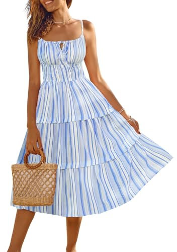 Streifen A-Linie Midikleid Damen Kleid Freizeit Kleid Weiße und Blaue XXL