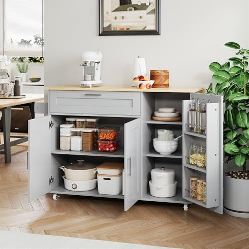 Zepneiy Großer Speisewagen Anrichte mit klappbare Arbeitsplatte, Kücheninselwagen mit Handtuchhalter und multifunktionaler Schrank, Schubladen Küchenwagen mit 5 Rollens, Grau 132,5×70×90cm