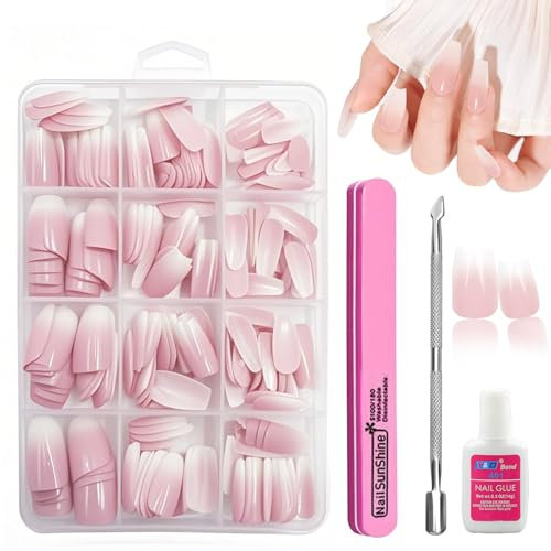 DMQ Press On Nails with Glue - 240Pcs French Coffin False Nails Kit, Natural Gradient Fake Nails for Women Teens Girls, 12 Sizes Ombre Pink Glossy Full Cover French Manicure Kit