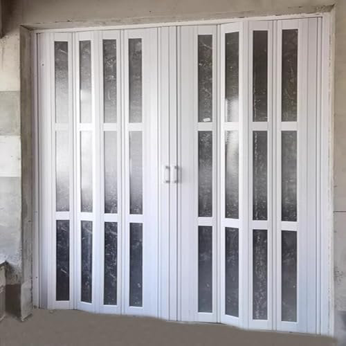 porte pliante accordéon interieur Blanc Porte Pliante en PVC avec Fenêtres et Poignées en Acrylique, Taille Sur Mesure Grandes Portes Pliantes pour Séparation de Pièce, Placard, Entrepôt(80x80in(203x2