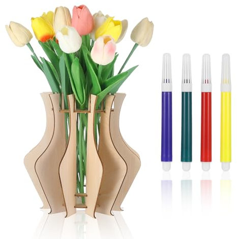 Vaso a tulipani in legno 3D, mattoncini caricabili, vasi di fiori, vaso mainstream estetico, può essere utilizzato con rose e orchidea, decorazione da scrivania combinata con penna ad acquerello (A)