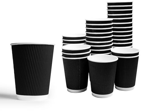 ERA PACK 500 x 12oz Ripple Black Paper Cups - Strong 3-PLY Disposable Cups - Leak-Proof Recyclable Design, Insulated Coffee Cup for Hot Drinks, Tea, and Hot Beverages (500)