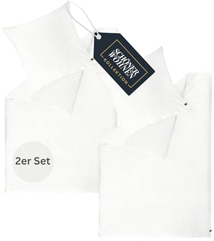 SCHÖNER WOHNEN Satin Bettwäsche 135x200 Baumwolle Weiß - Luxus Bettwäsche-Sets 4teilig - weich & atmungsaktiv - bestehend aus 2 Bettwäschebezüge und 2 Kopfkissenbezüge 80x80cm - Öko-Tex