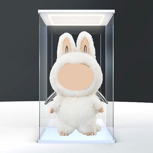 DuvinDD Acryl Vitrine mit LED-Beleuchtung - 35 x 30 x 60cm - Transparente Staubschutzbox mit Weißer Sockel, Geeignet für Labubu Zimomo Angel in Clouds & I Found You