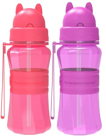 Sigdio Trinkflasche Kinder mit Strohhalm BPA frei Kinder Wasserflasche Auslaufsicher Sporttrinkflaschen mit Tragegurt (Lila-Rosa)