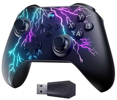 UHM Kabelloser PC-Controller, kabelloser Gaming-Controller für PC, Switch, iOS mit RGB-Beleuchtung, kein Drift, Deadzone Hall Triggers Effekt Joysticks, Bluetooth-Game-Controller, 6-Achsen-Gyro, für