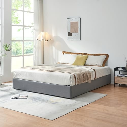 [en.casa] Polsterbett 180x200 cm NOLA mit Bettkasten Bettgestell und Lattenrost Bett mit Leinenbezug Doppelbett max. 500 kg Grau