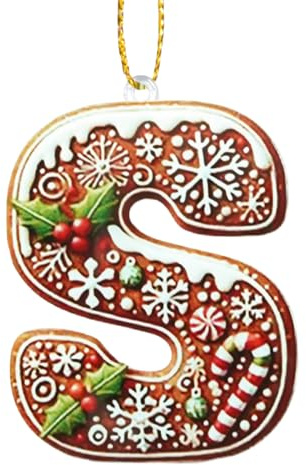 26 Lebkuchen-Alphabet-Ornamente, Personalisierte Lebkuchen Buchstaben S Anhänger für Weihnachtsbaum, Weihnachtsschmuck mit Zuckerstange und Beerendekor, DIY Weihnachtsbaum Deko Ornamente