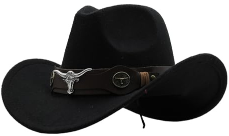 Generisch Westernhut für Damen und Herren, Männer Western Cowboyhute mit Stierkopf-Dekor, Damen Retro Vintage Jazzhut, Einfarbige Cowgirlhüte für Erwachsene, Klassischer Western-Stil